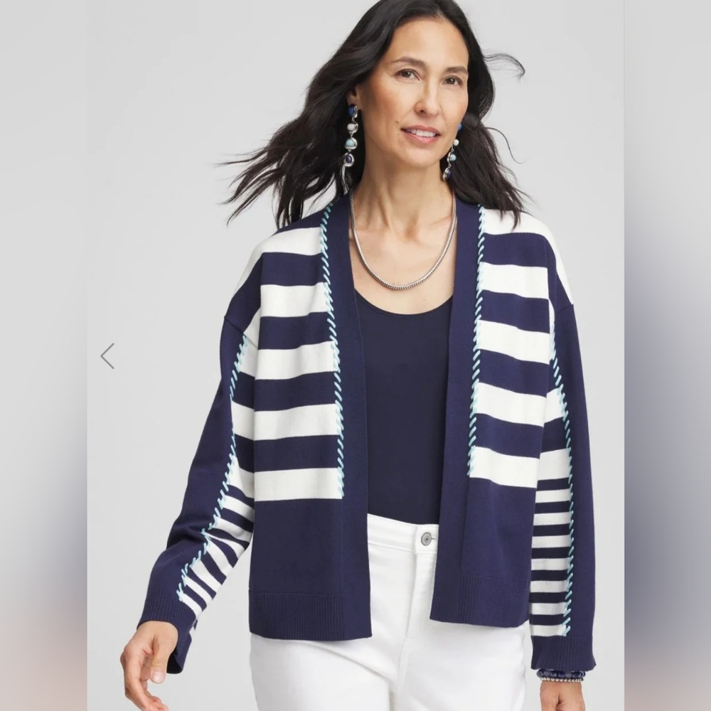 Chico's NWT Navy and White Striped Cardigan Size 2X=20/22